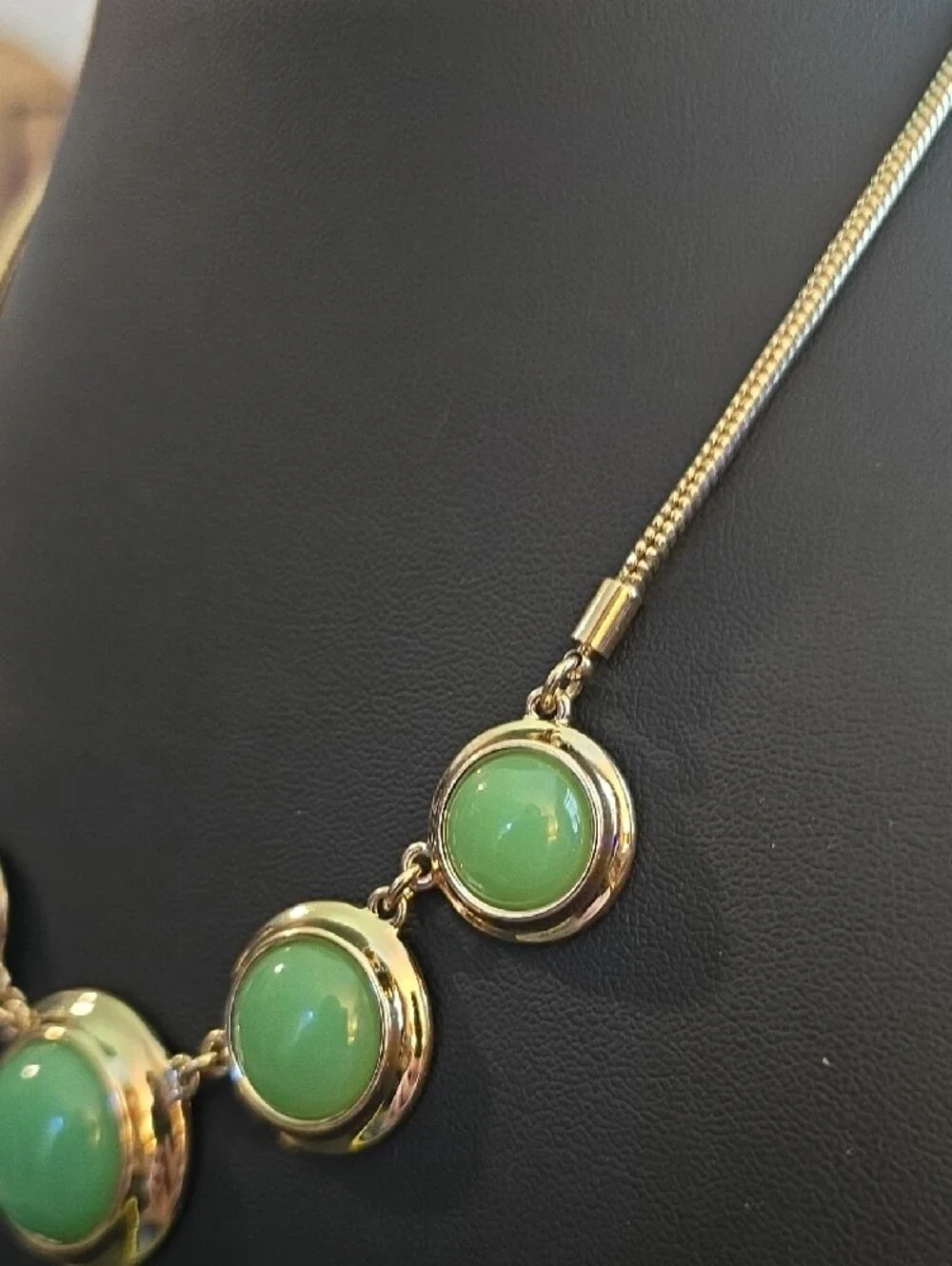 Vintage Signed Monet Gold-Tone Collar Statement Necklace - Mint Green Cabochons